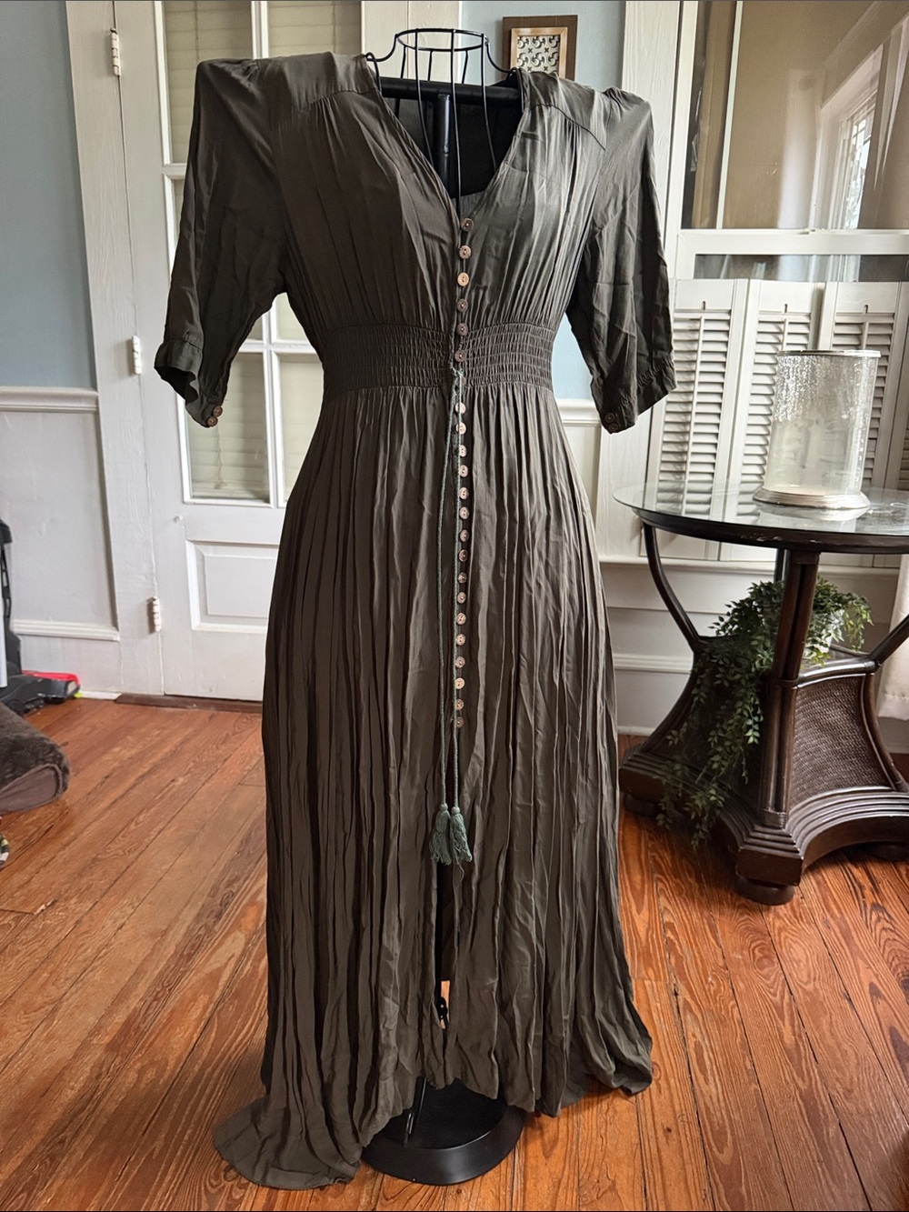 Women’s Olive Button-Front Maxi Dress with Waist Smocking